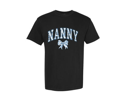 brand:Comfort Colors|color:Black|Nanny Chinoiserie Blue Coquette Bow Graphic T-Shirt