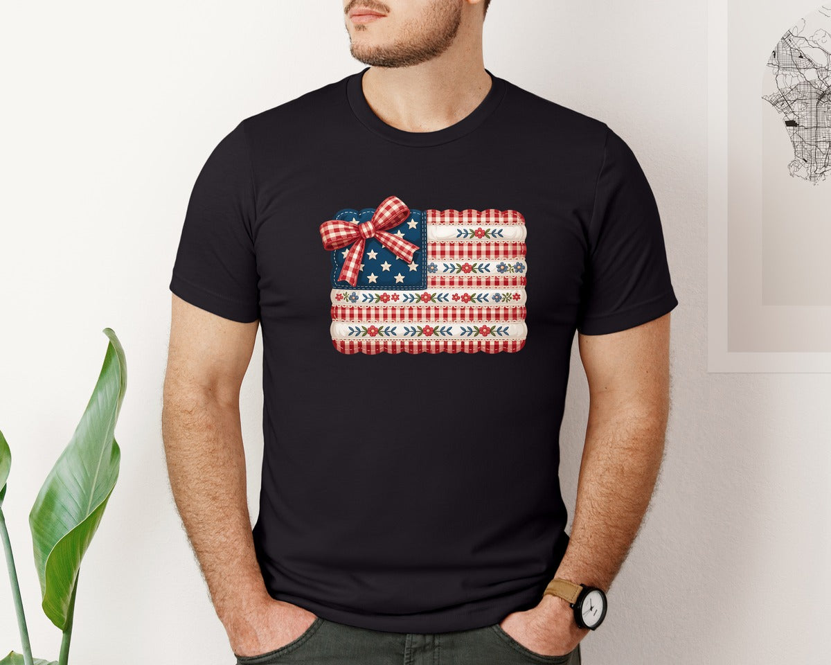 brand:Bella Canvas|color:Black|Patriotic Patchwork Flag 4Th Of July Graphic T-Shirt