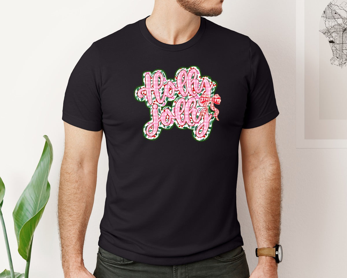 brand:Bella Canvas|color:Black|Holly Jolly Christmas Floral Plaid Bow Graphic T-Shirt