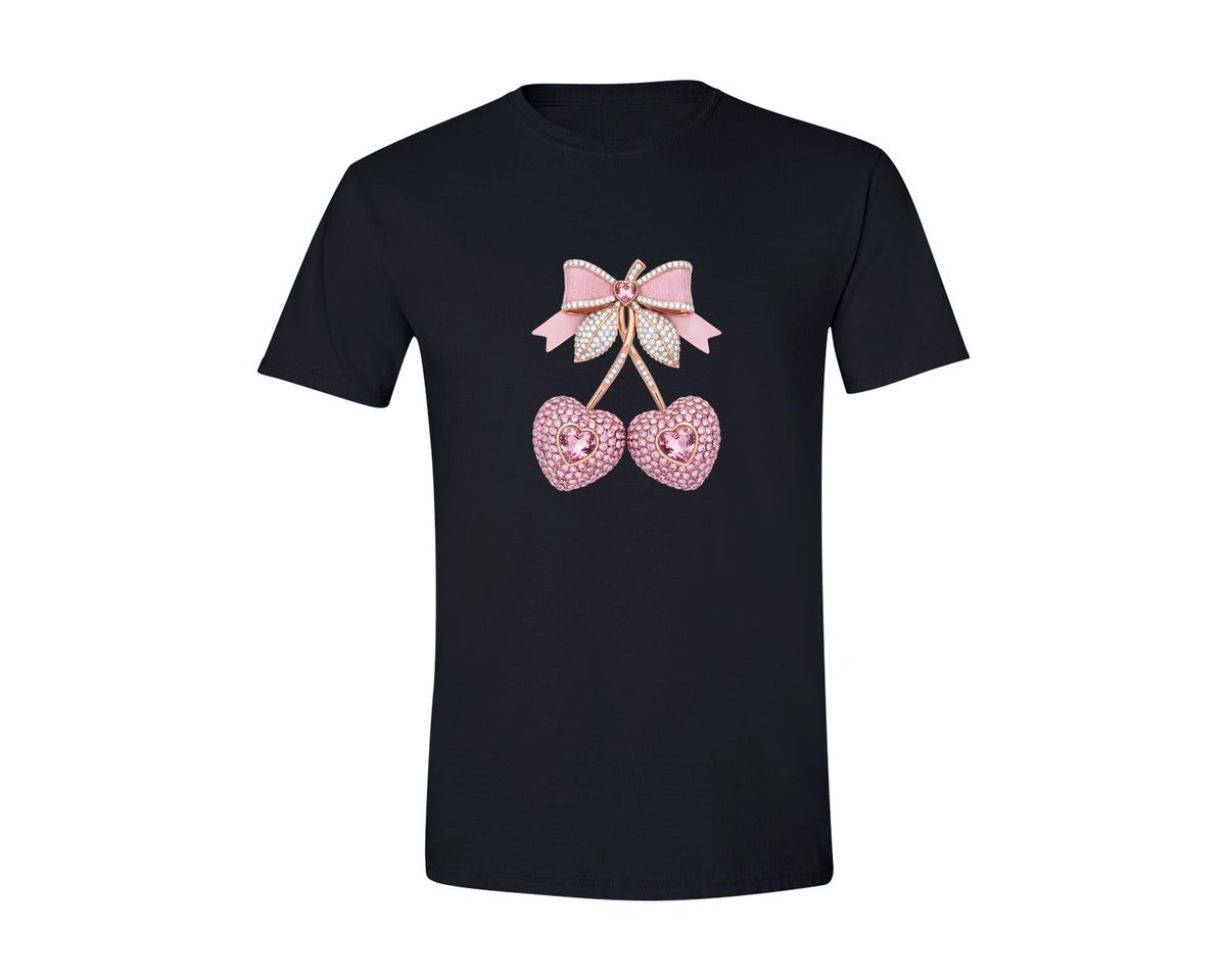 brand:Generic|color:Black|Valentine Cherry Rhinestone Graphic T-Shirt