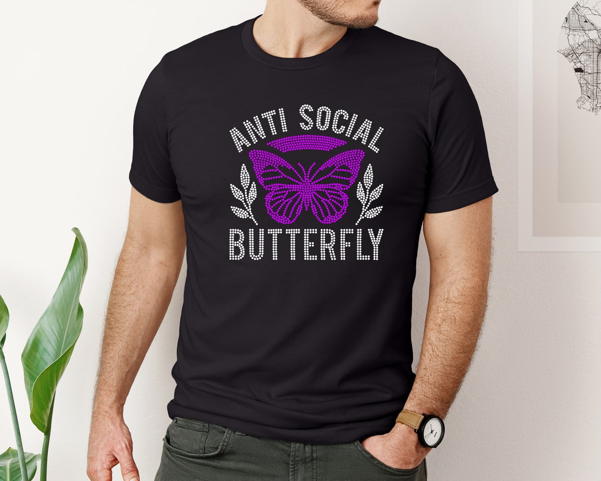 brand:Bella Canvas|color:Black|Antisocial Butterfly Rhinestone Design 2 Graphic T-Shirt