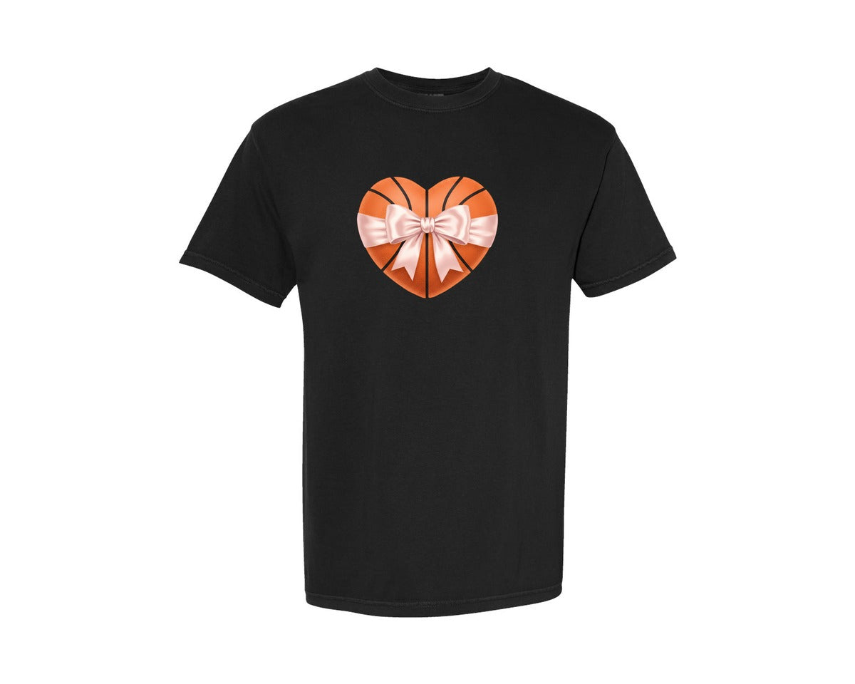 brand:Comfort Colors|color:Black|Heart Shape Basketball Coquette Bow Graphic T-Shirt