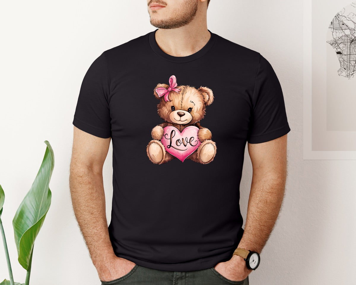 brand:Bella Canvas|color:Black|Bear Heart Pink Valentine Coquette Graphic T-Shirt