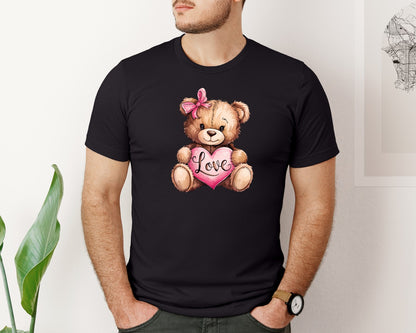 brand:Bella Canvas|color:Black|Bear Heart Pink Valentine Coquette Graphic T-Shirt