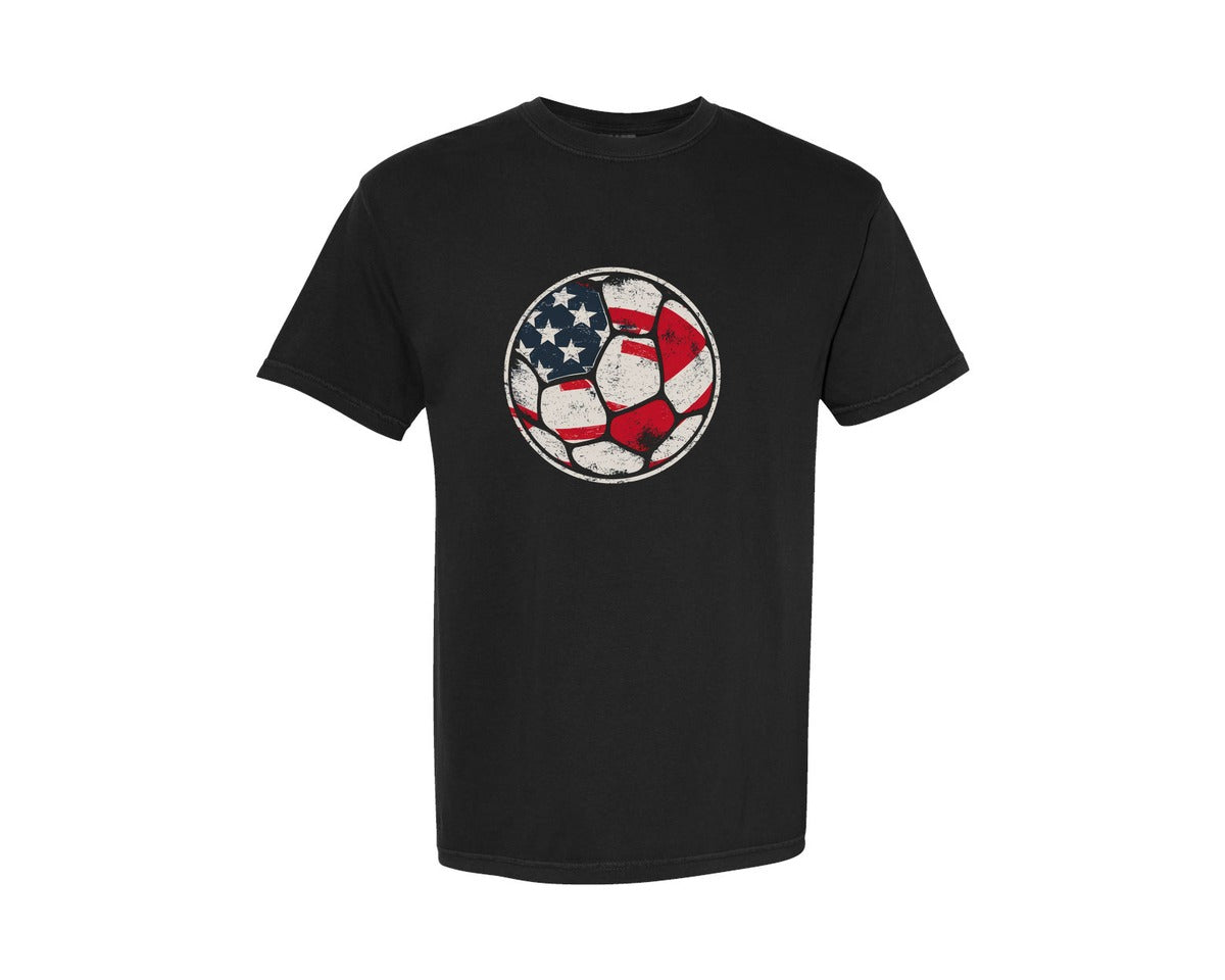 brand:Comfort Colors|color:Black|American Flag On Soccer Ball T Shirt Graphic T-Shirt
