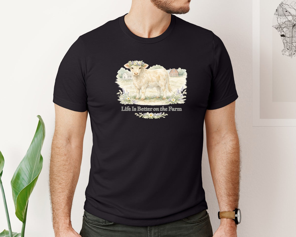 brand:Bella Canvas|color:Black|Life Is Better On The Farm Cow Graphic T-Shirt