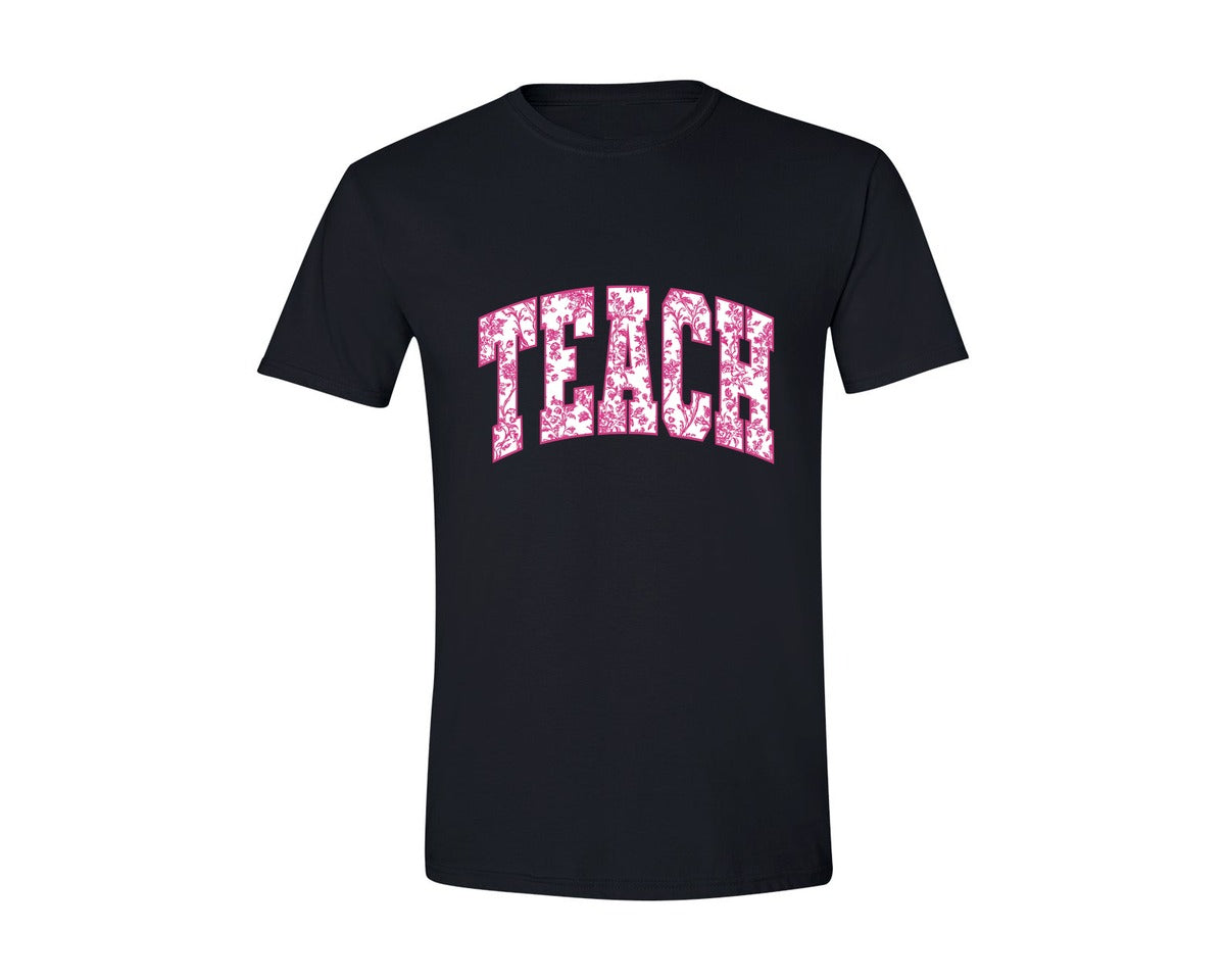 brand:Generic|color:Black|Teach Chinoiserie Floral Teacher Pink Graphic T-Shirt