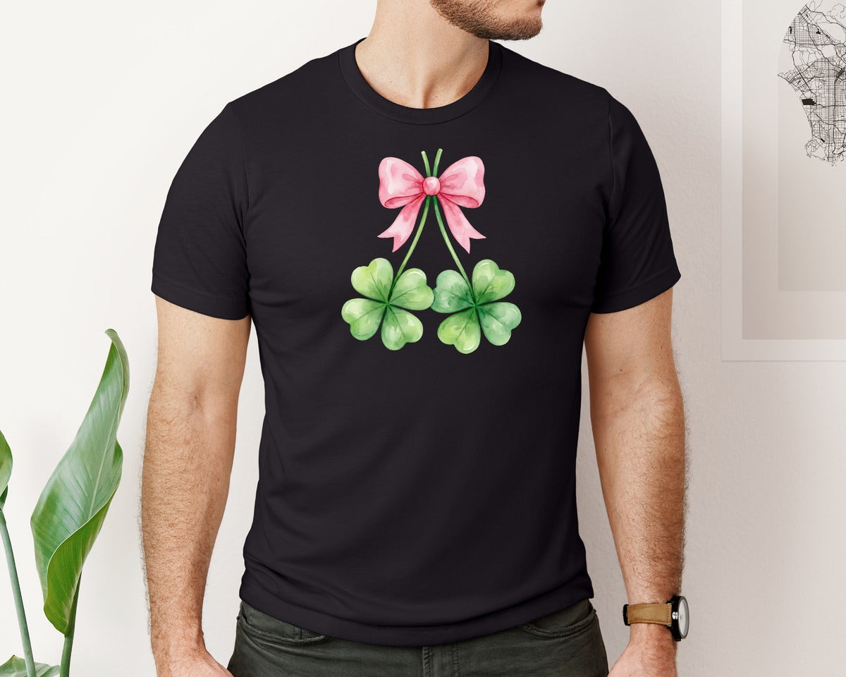 brand:Bella Canvas|color:Black|Watercolor Shamrock Bow St Patricks Graphic T-Shirt
