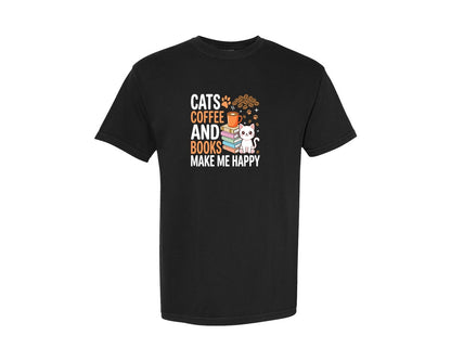 brand:Comfort Colors|color:Black|Cats Coffee And Books Happy T Shirt Graphic T-Shirt