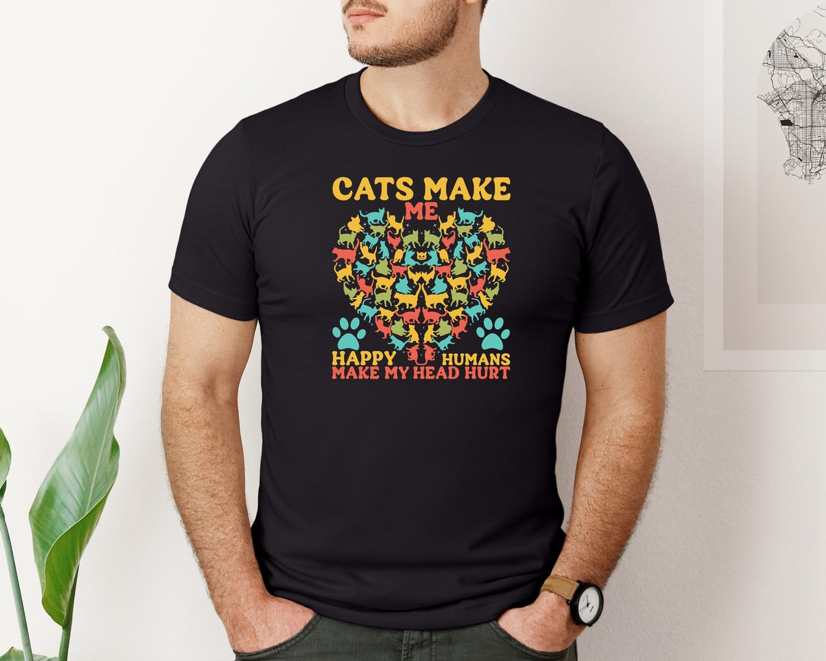 brand:Bella Canvas|color:Black|Cats Make Me Happy Cat Heart Shape Graphic T-Shirt