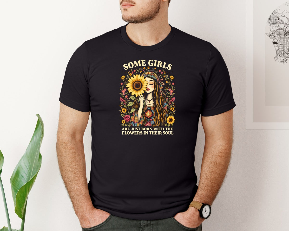 brand:Bella Canvas|color:Black|Boho Girl With Sunflower Graphic T-Shirt