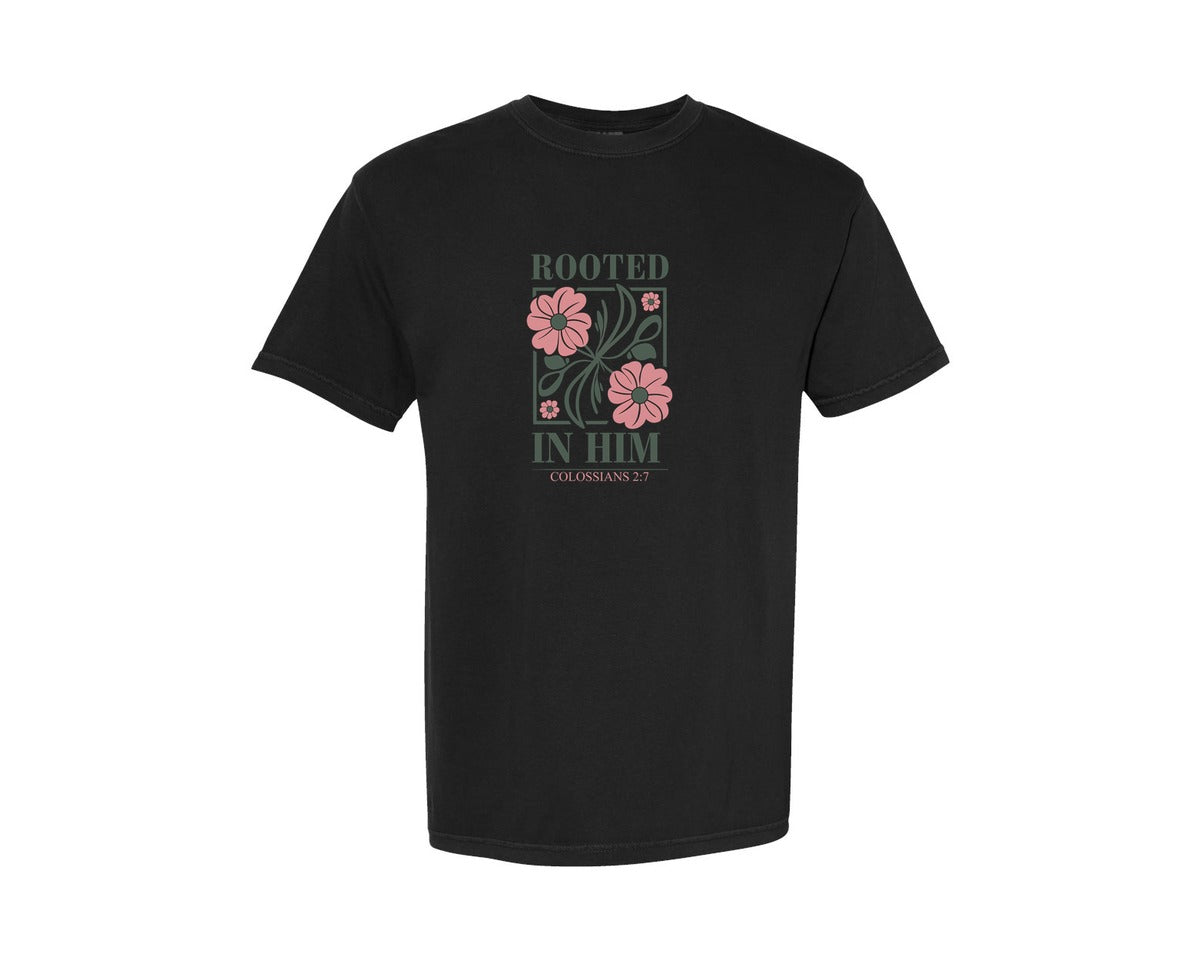 brand:Comfort Colors|color:Black|Rooted In Him Faith Graphic T-Shirt