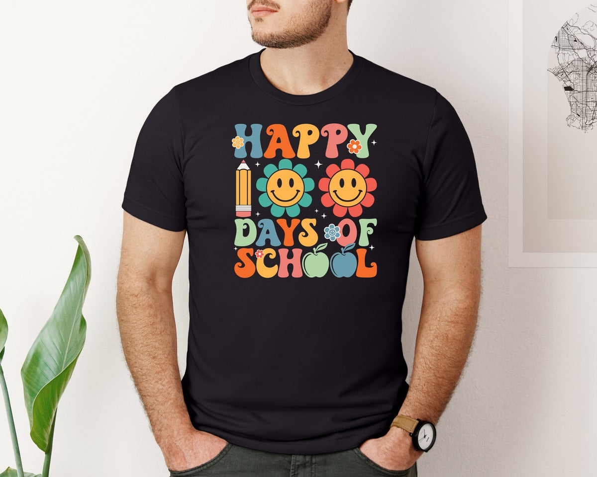 brand:Bella Canvas|color:Black|Retro Happy 100 Days Of School Smiley Graphic T-Shirt