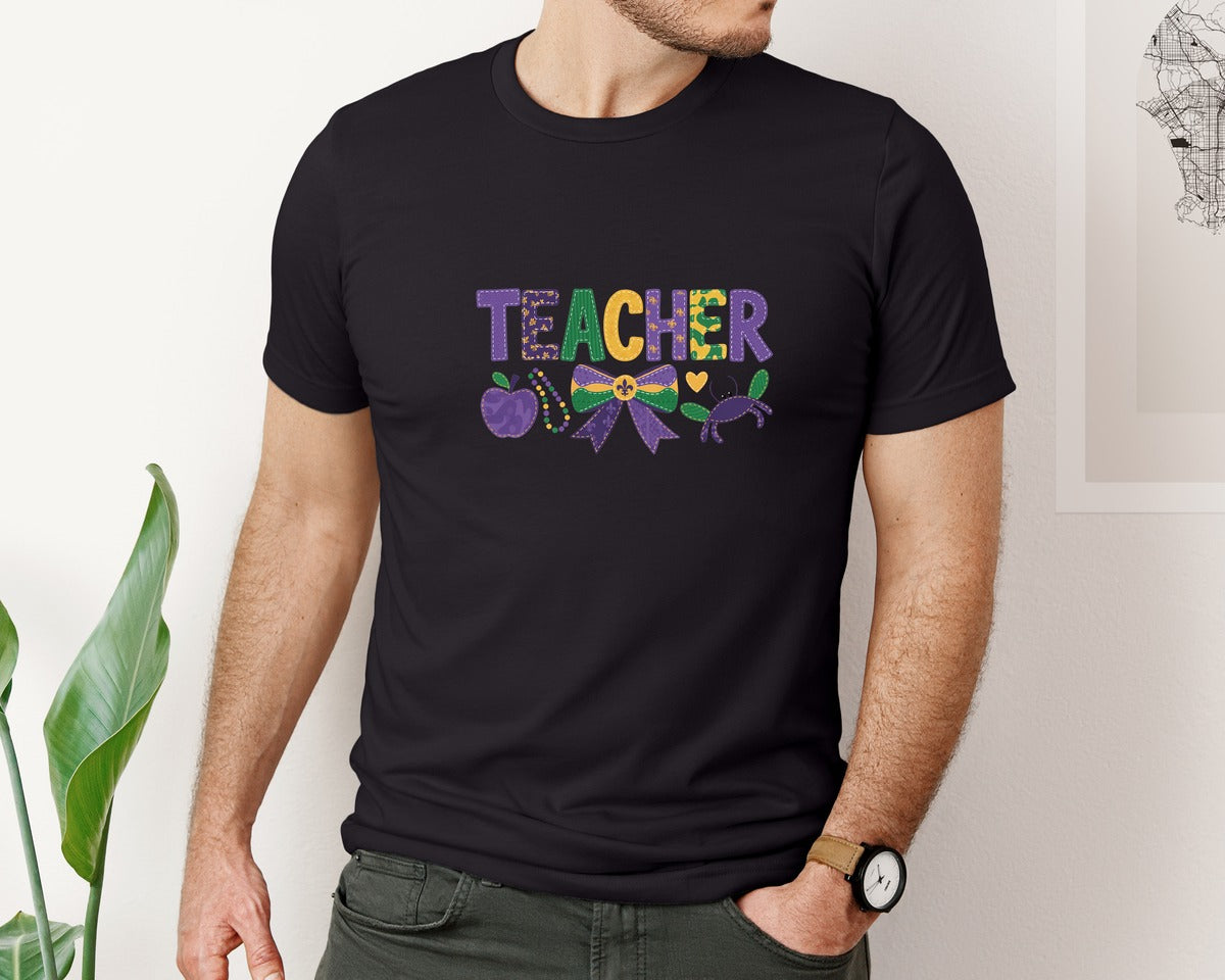 brand:Bella Canvas|color:Black|Mardi Gras Teacher 3 Graphic T-Shirt
