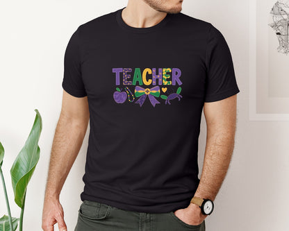 brand:Bella Canvas|color:Black|Mardi Gras Teacher 3 Graphic T-Shirt