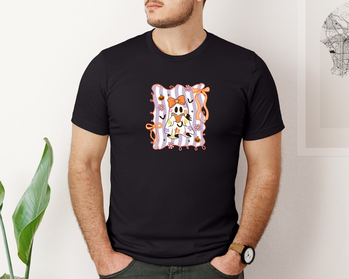 brand:Bella Canvas|color:Black|Preppy Halloween Ghost Books Cat Graphic T-Shirt