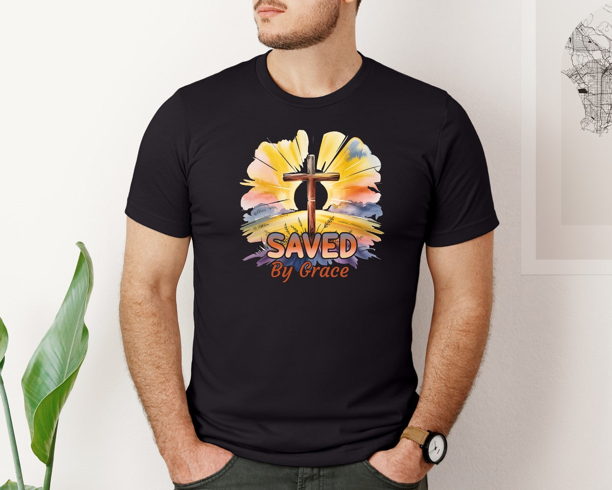brand:Bella Canvas|color:Black|Saved By Grace Christian Cross Easter Graphic T-Shirt