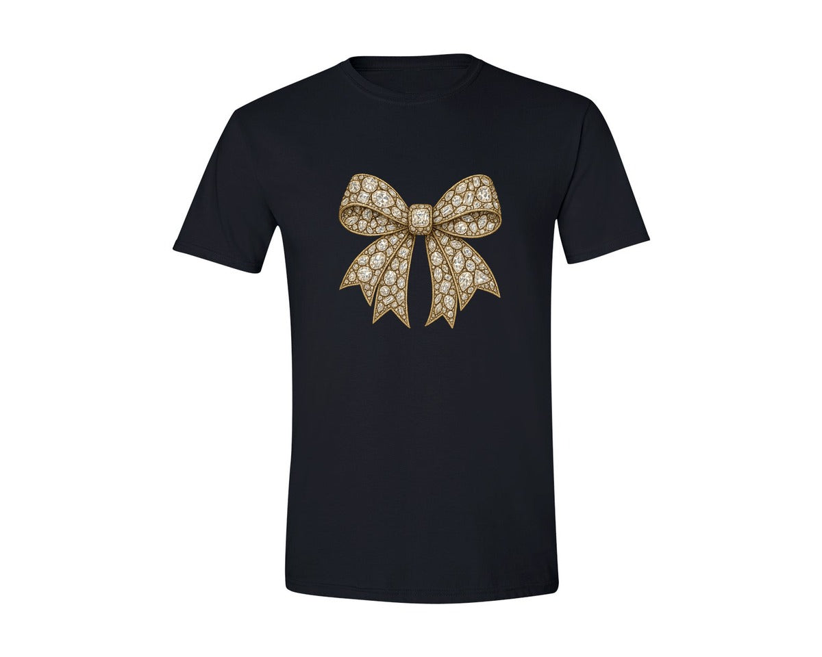 brand:Generic|color:Black|Faux Rhinestone Bow Graphic T-Shirt