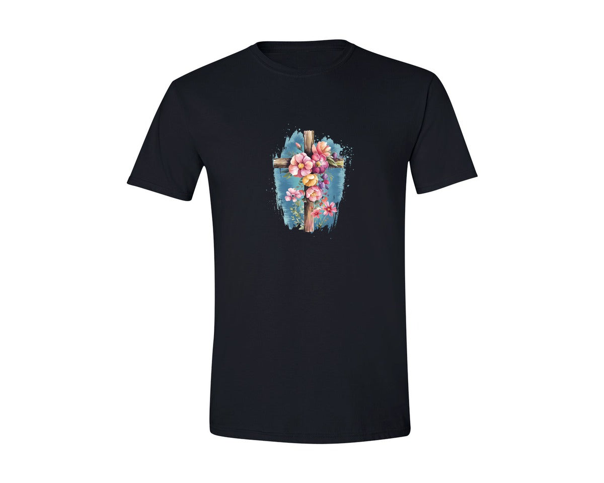 brand:Generic|color:Black|Floral Christian Cross Graphic T-Shirt