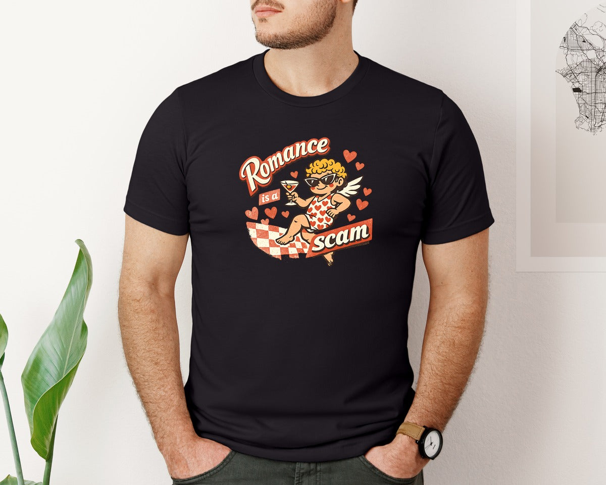 brand:Bella Canvas|color:Black|Romance Is A Scam Anti Valentines Graphic T-Shirt