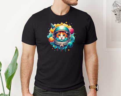 brand:Bella Canvas|color:Black|Astronaut Cat Colorful Planets Graphic T-Shirt