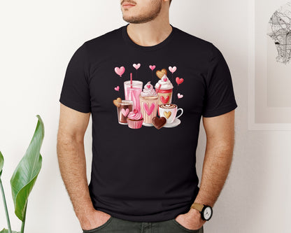 brand:Bella Canvas|color:Black|Retro Coffee Lover Hearts Graphic T-Shirt