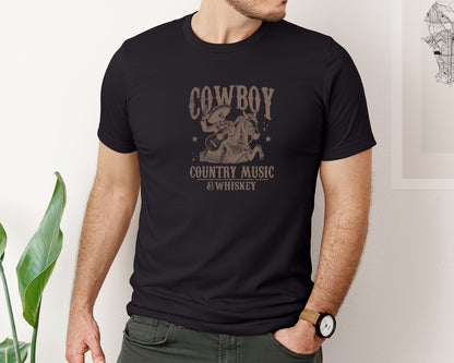 brand:Bella Canvas|color:Black|Cowboy Playing Guitar Whiskey Shirt Graphic T-Shirt
