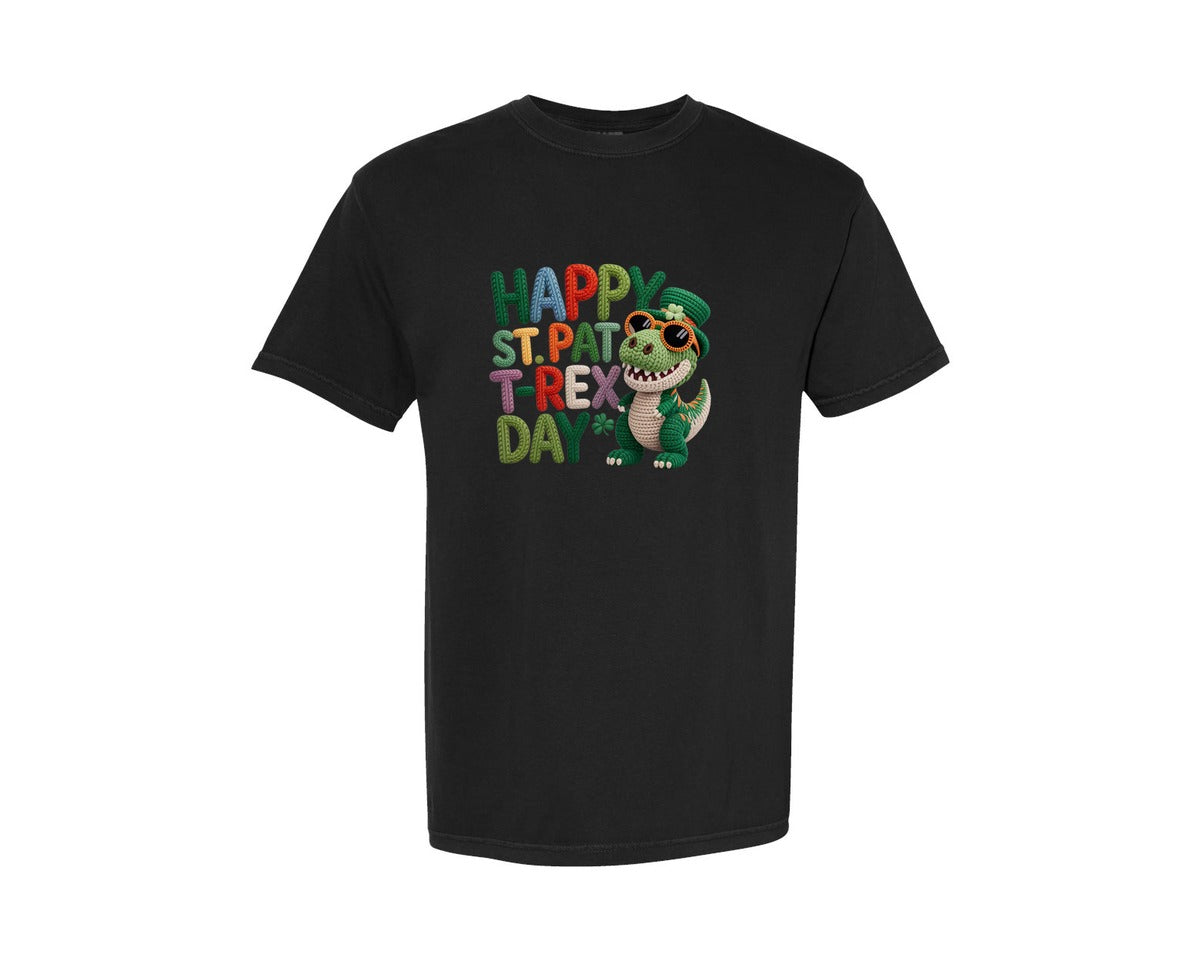 brand:Comfort Colors|color:Black|Faux Yarn Happy St Patricks T Rex Graphic T-Shirt