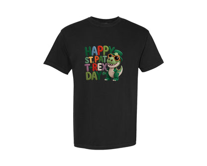 brand:Comfort Colors|color:Black|Faux Yarn Happy St Patricks T Rex Graphic T-Shirt