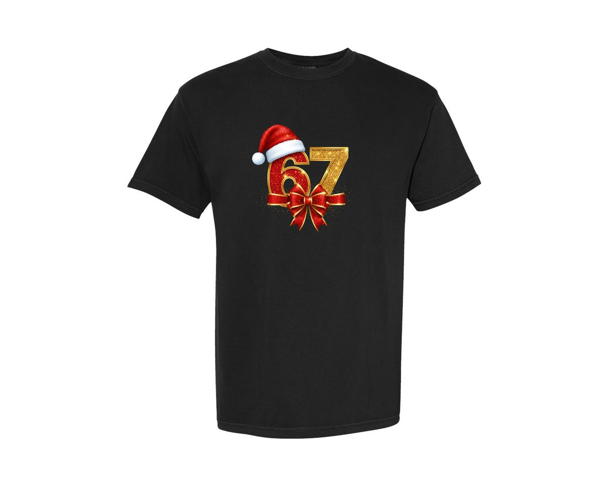 brand:Comfort Colors|color:Black|Christmas Glitter 67 Santa Hat Bow Graphic T-Shirt