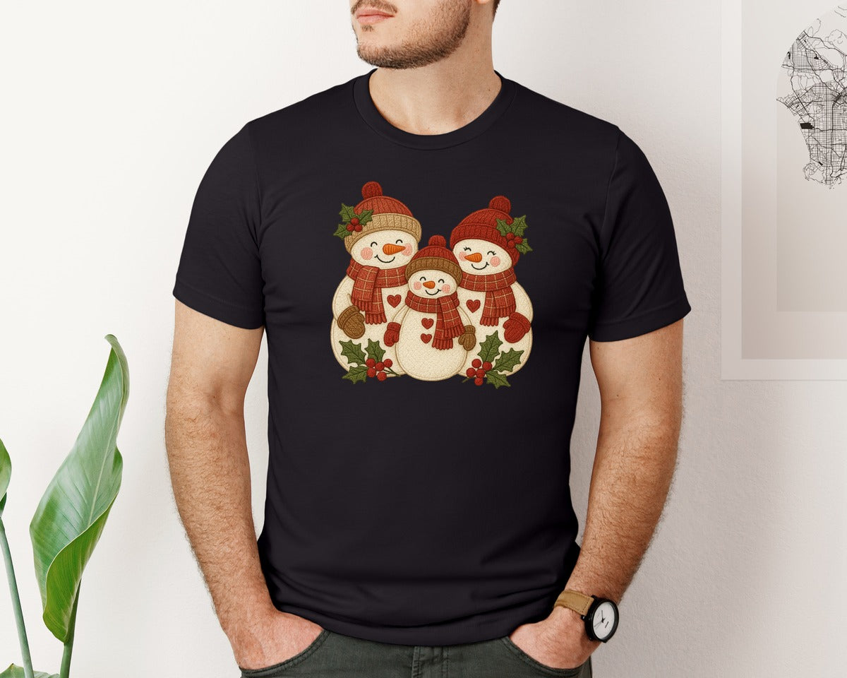 brand:Bella Canvas|color:Black|Faux Embroidery Cute Snowman Family Graphic T-Shirt