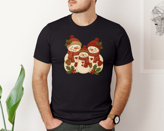 Faux Embroidery Cute Snowman Family Graphic T-Shirt