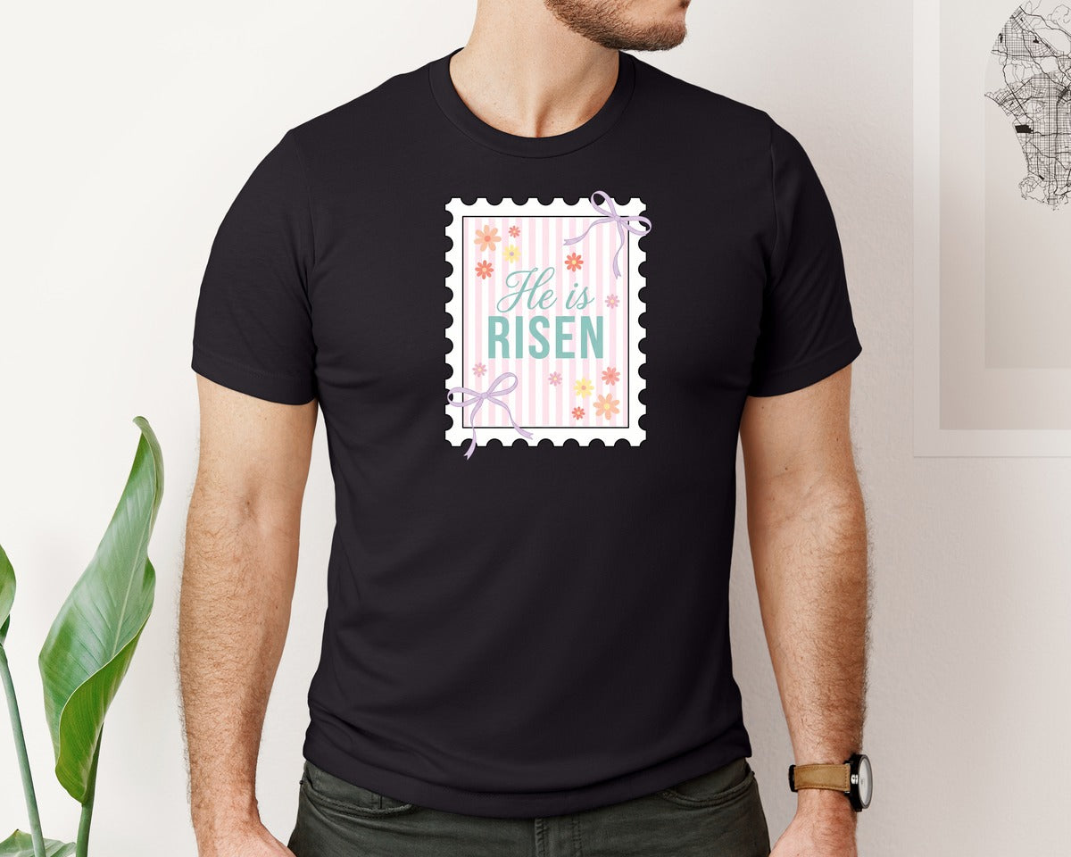brand:Bella Canvas|color:Black|He Is Risen Christian Easter Stamp Graphic T-Shirt