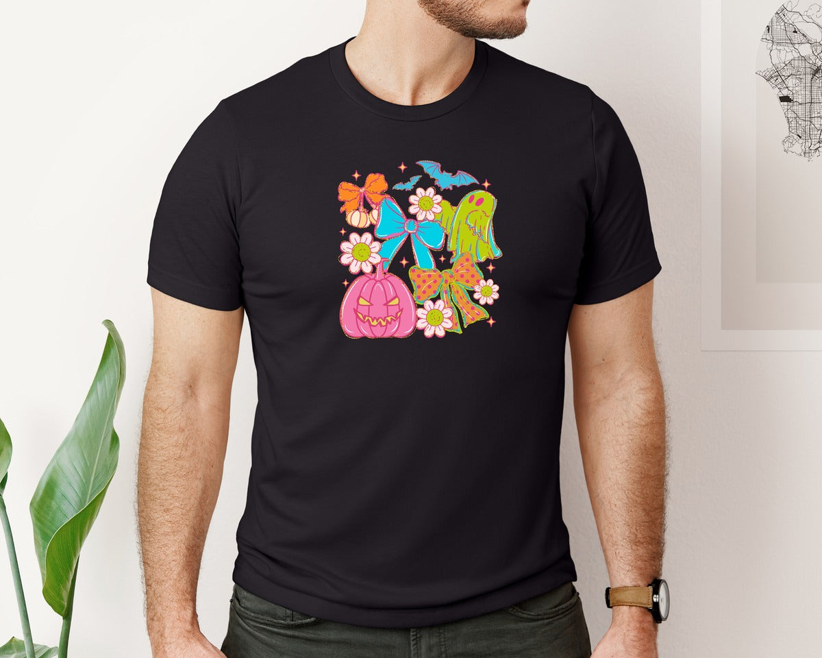 brand:Bella Canvas|color:Black|Neon Halloween Ghost Coquette Graphic T-Shirt