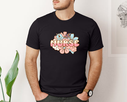 brand:Bella Canvas|color:Black|Floral Nurse Nurse Graphic T-Shirt