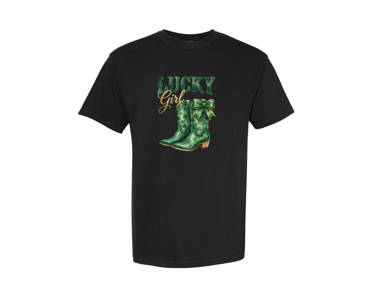 brand:Comfort Colors|color:Black|Cowgirl Lucky Girl St Patricks Day Graphic T-Shirt