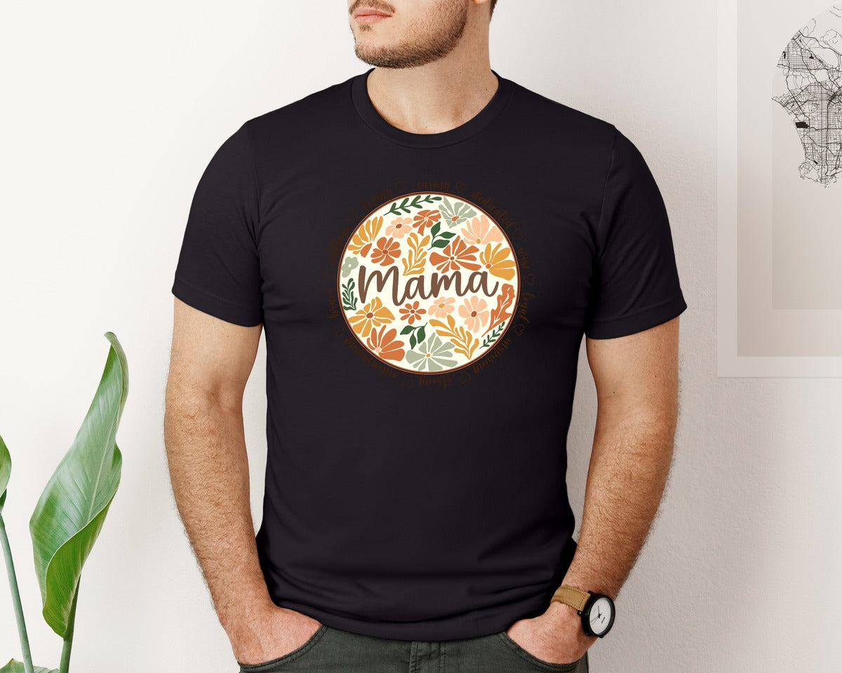 brand:Bella Canvas|color:Black|Mama Floral Circle Mothers Day Graphic T-Shirt