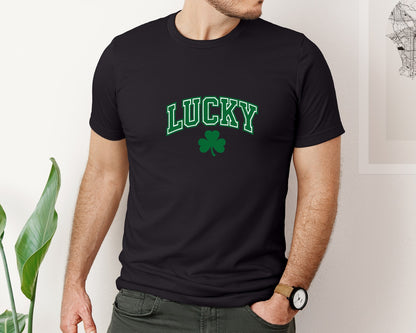 brand:Bella Canvas|color:Black|Lucky Varsity Shamrock Typography Desig Graphic T-Shirt