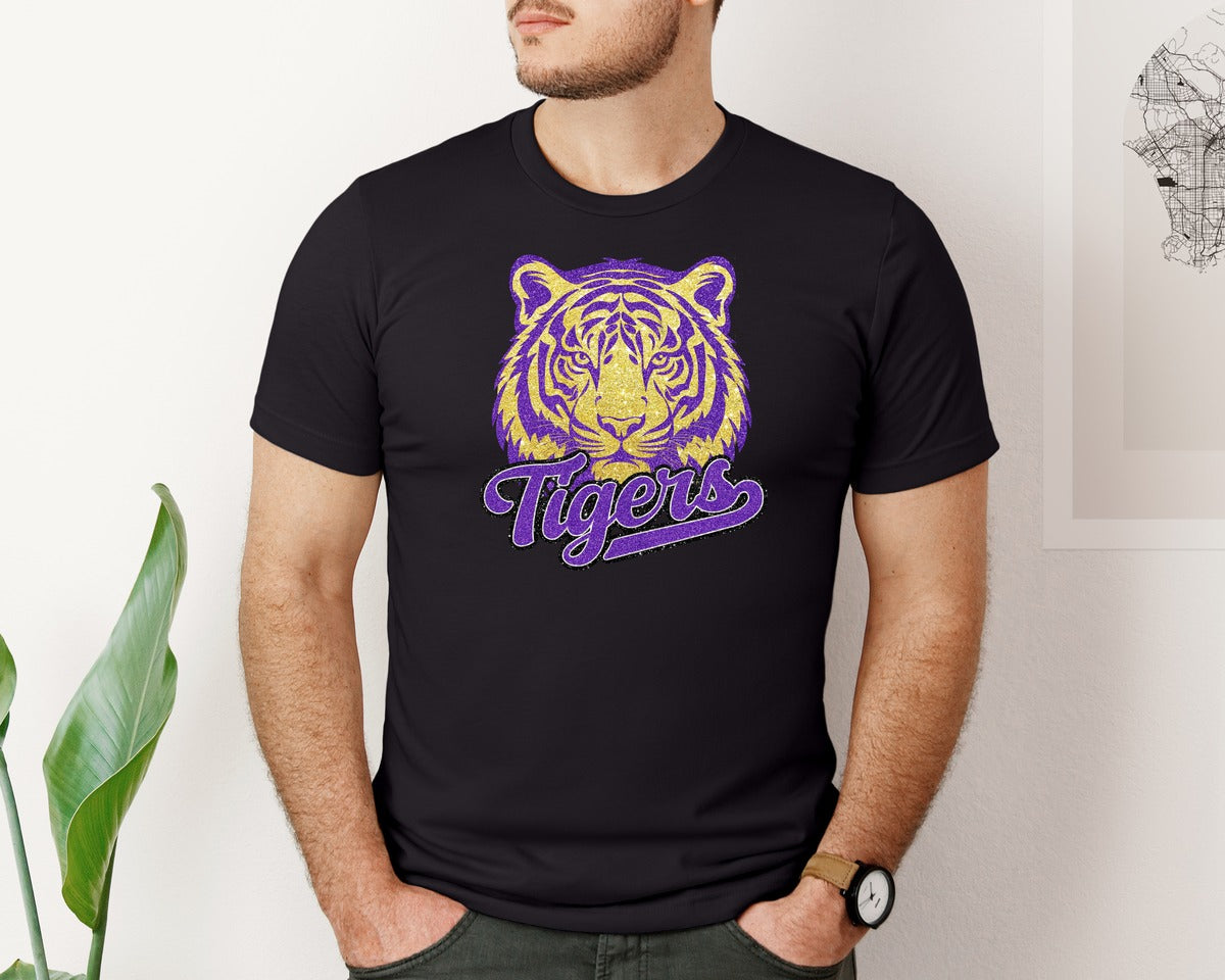 brand:Bella Canvas|color:Black|Tigers Football Purple And Gold Graphic T-Shirt