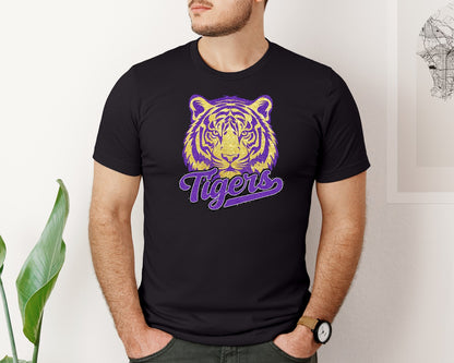 brand:Bella Canvas|color:Black|Tigers Football Purple And Gold Graphic T-Shirt