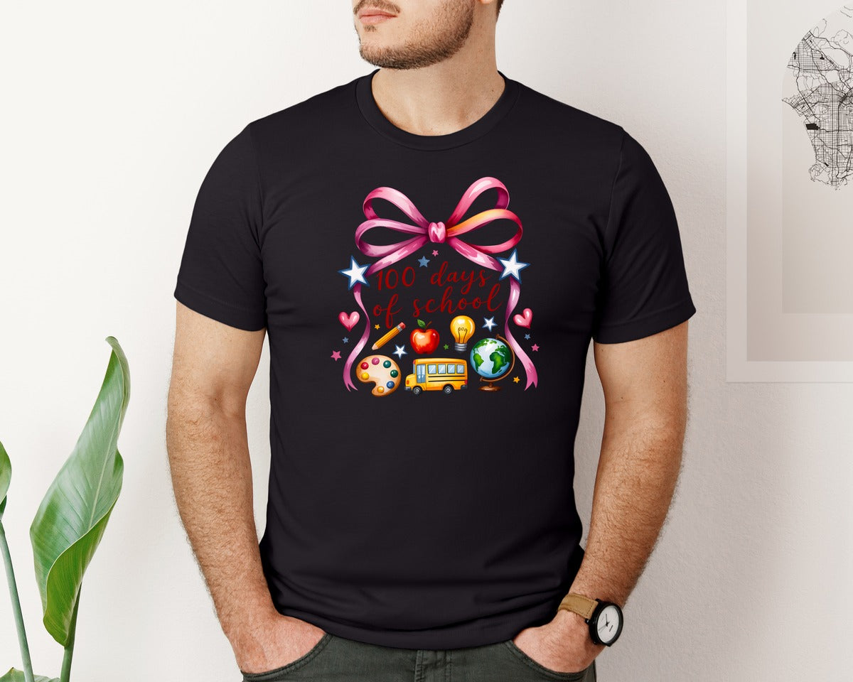 brand:Bella Canvas|color:Black|Coquette 100 Days Of School Teacher Graphic T-Shirt