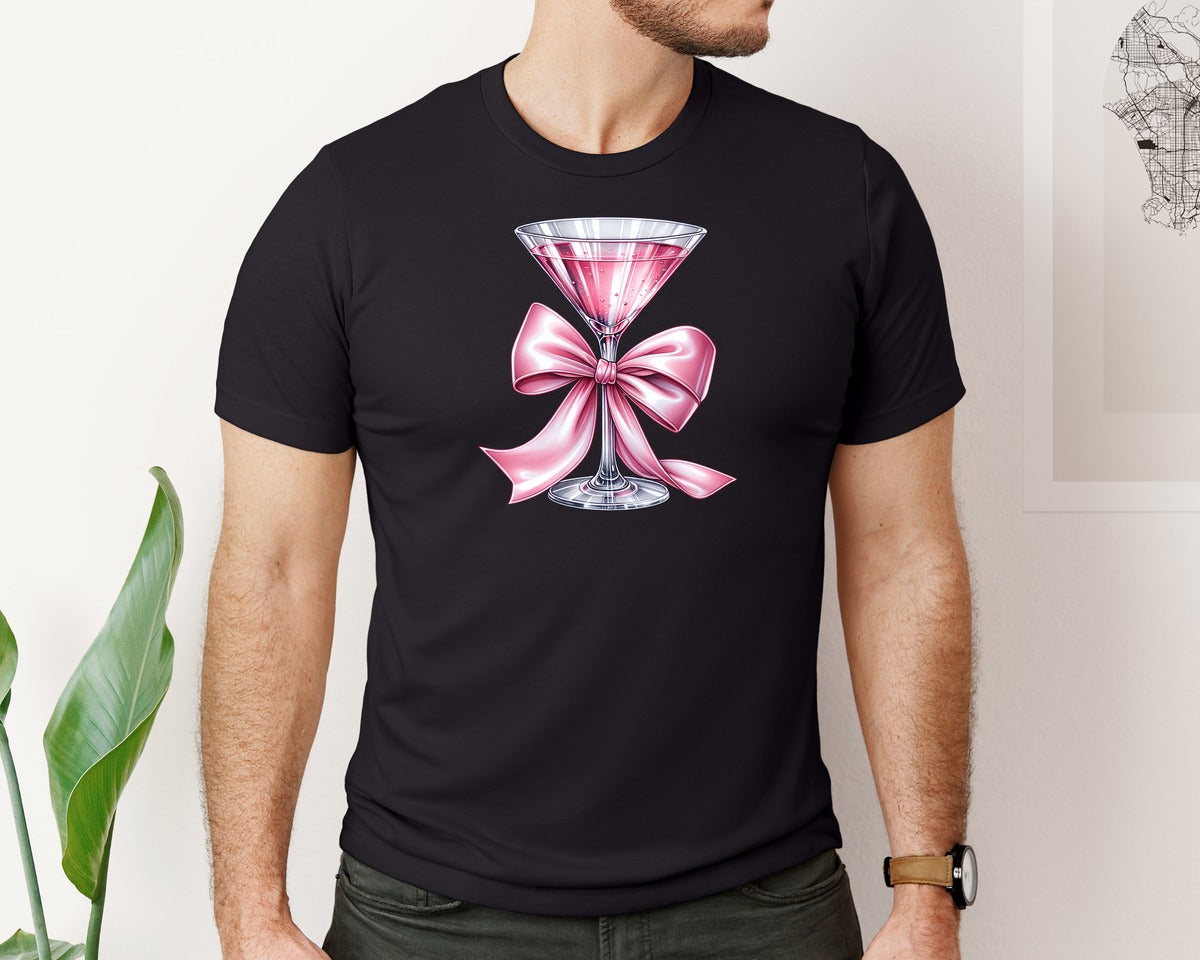 brand:Bella Canvas|color:Black|Pink Martini Cocktail With Coquette Bow Graphic T-Shirt