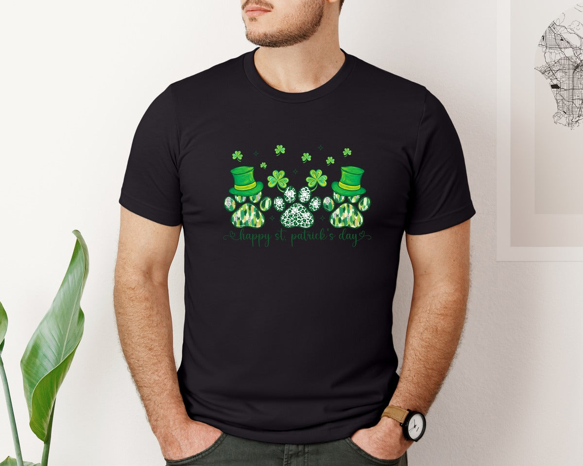 brand:Bella Canvas|color:Black|Saint Patricks Day Dog Paw 2 Graphic T-Shirt