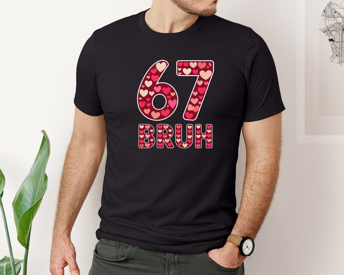 brand:Bella Canvas|color:Black|Crochet Pink Bruh 67 Valentine Meme Graphic T-Shirt