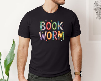 brand:Bella Canvas|color:Black|Colorful Bookish Book Worm Graphic T-Shirt
