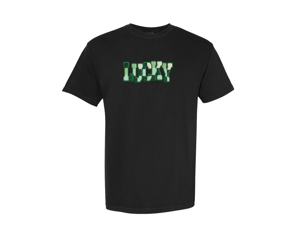 brand:Comfort Colors|color:Black|Lucky Plush Yarn Typography Green Graphic T-Shirt