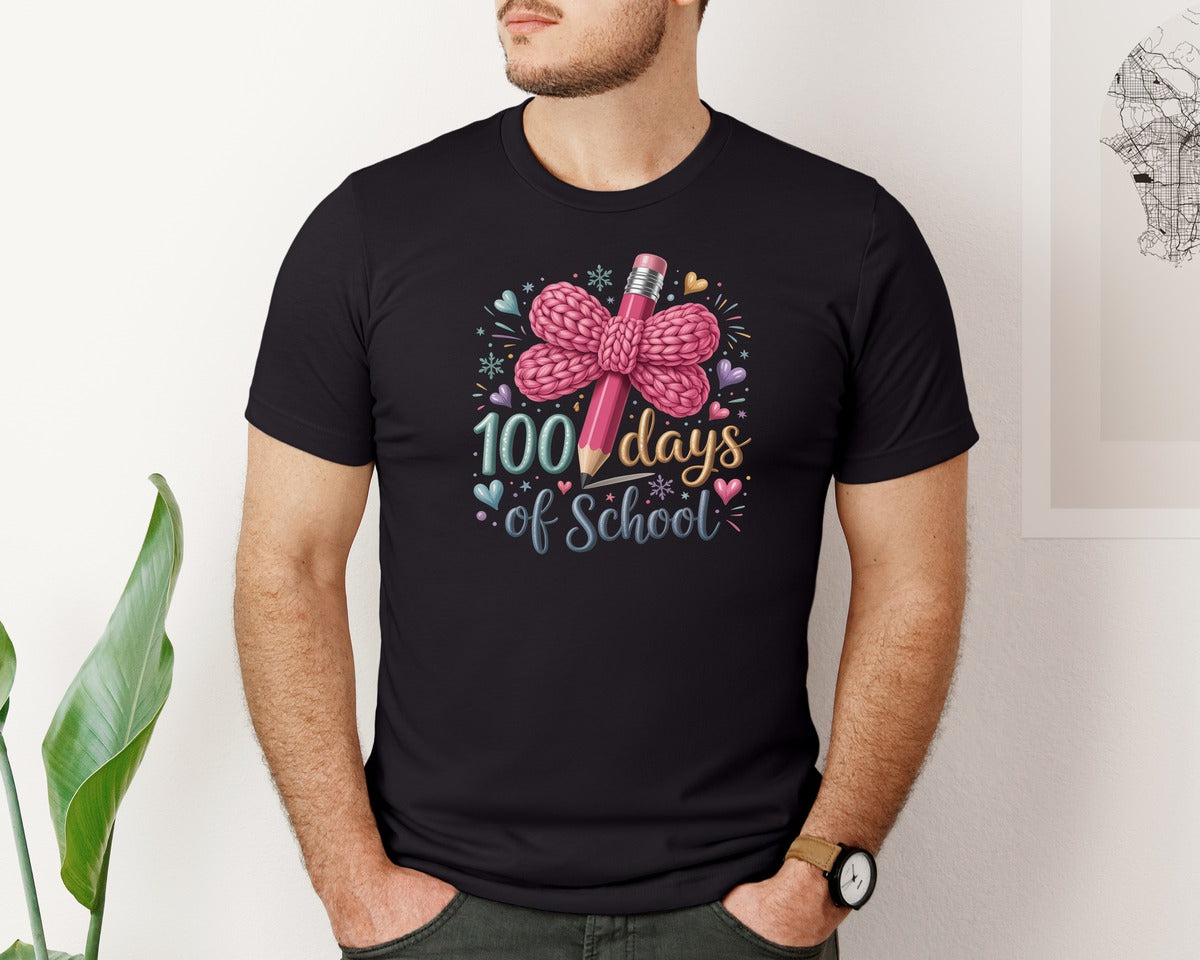 brand:Bella Canvas|color:Black|100 Days Of School Faux Knit Pencil Graphic T-Shirt