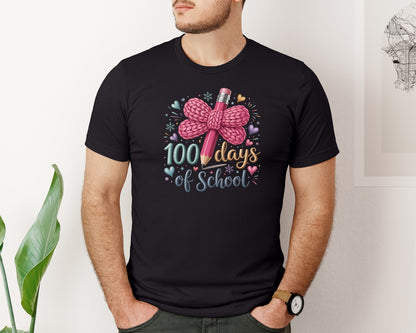 brand:Bella Canvas|color:Black|100 Days Of School Faux Knit Pencil Graphic T-Shirt