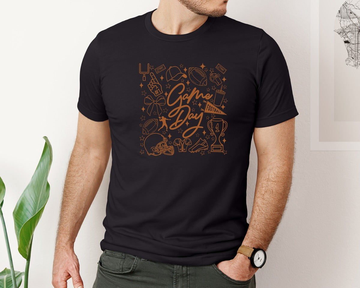 brand:Bella Canvas|color:Black|Game Day Football Doodles Graphic T-Shirt
