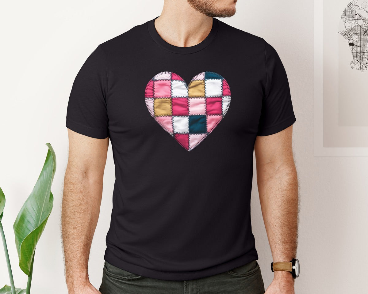 brand:Bella Canvas|color:Black|Patchwork Heart Valentines Day 6 Graphic T-Shirt